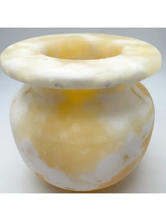 80s MCM Alabaster Stone Candle Holder Yellow-White Swirl Pattern Rounded 5" - Picture 7 of 8